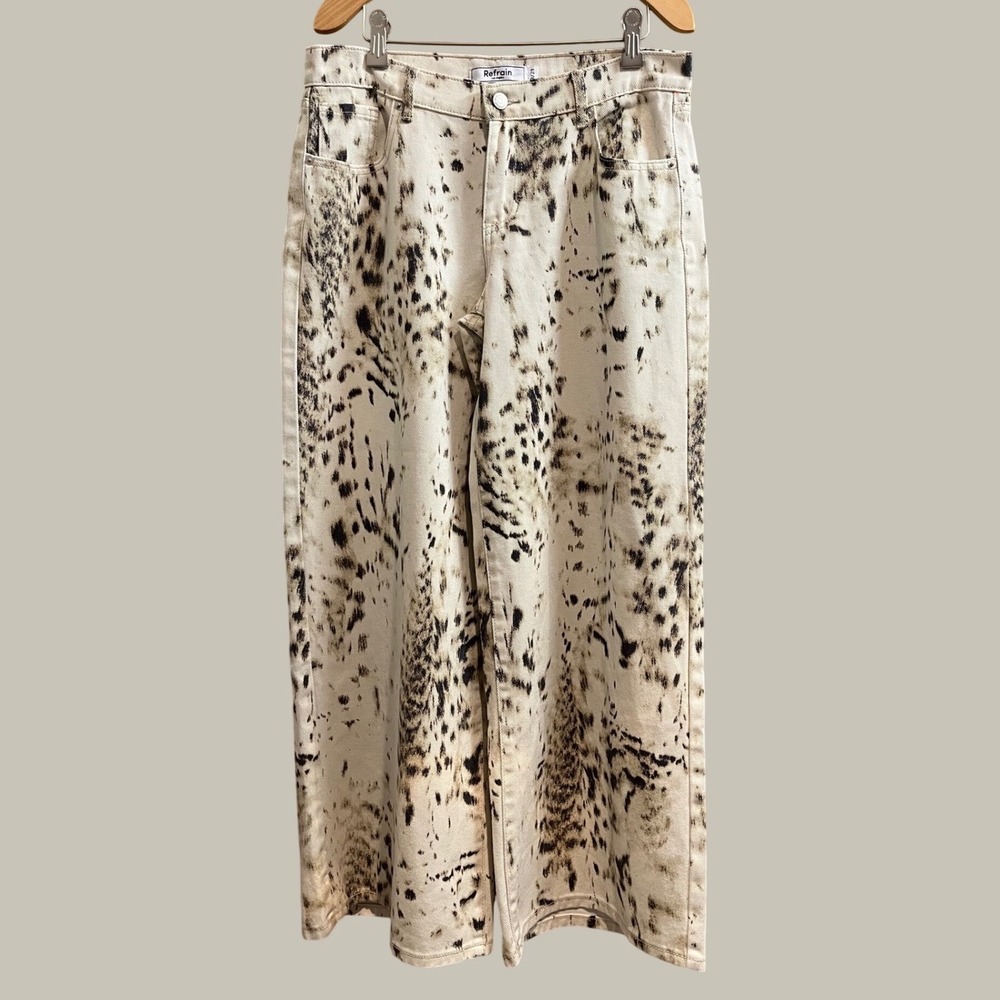 Refrain Los Angeles Wide Leg Jeans Womens 9/29 Cream Black Abstract Animal Print